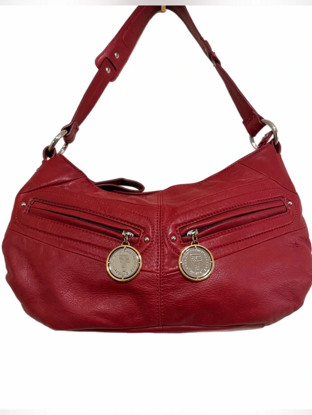 Red Leather Shoulder Bag with Gold Medallion Accents